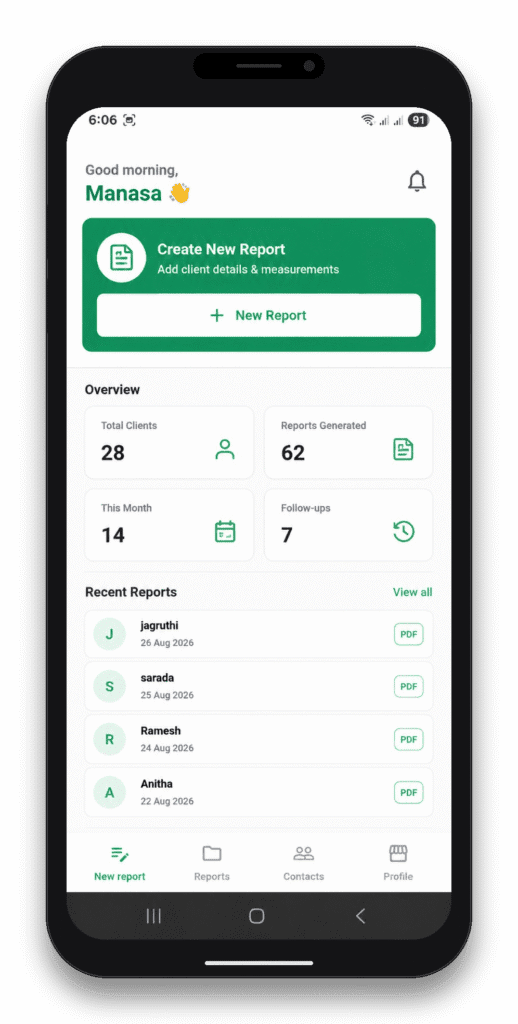 Fit Report mobile app dashboard showing client and report overview