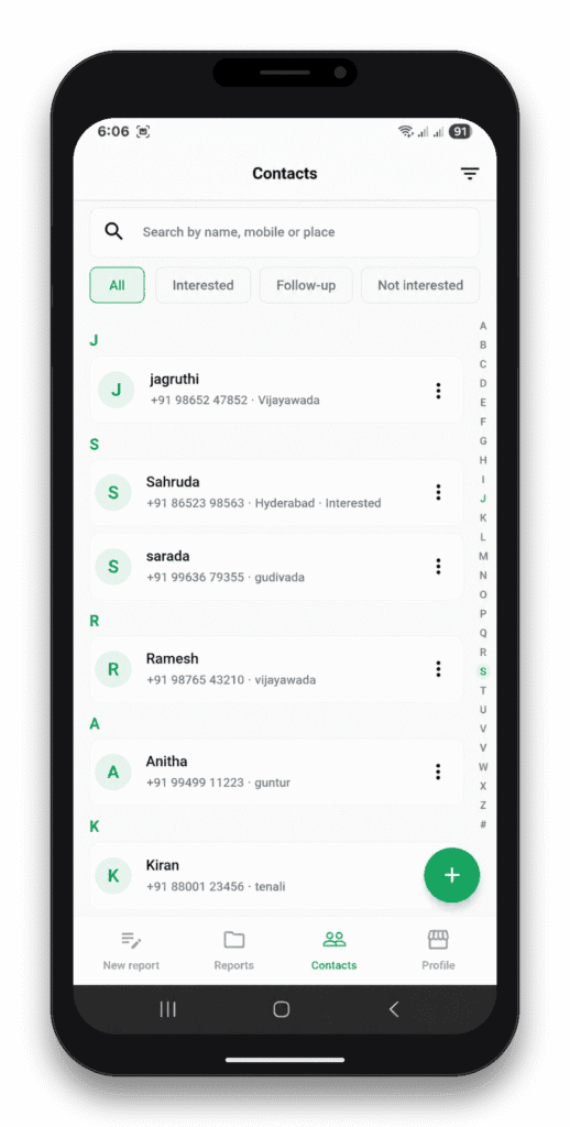 Fit Report mobile app client management and follow-up screen
